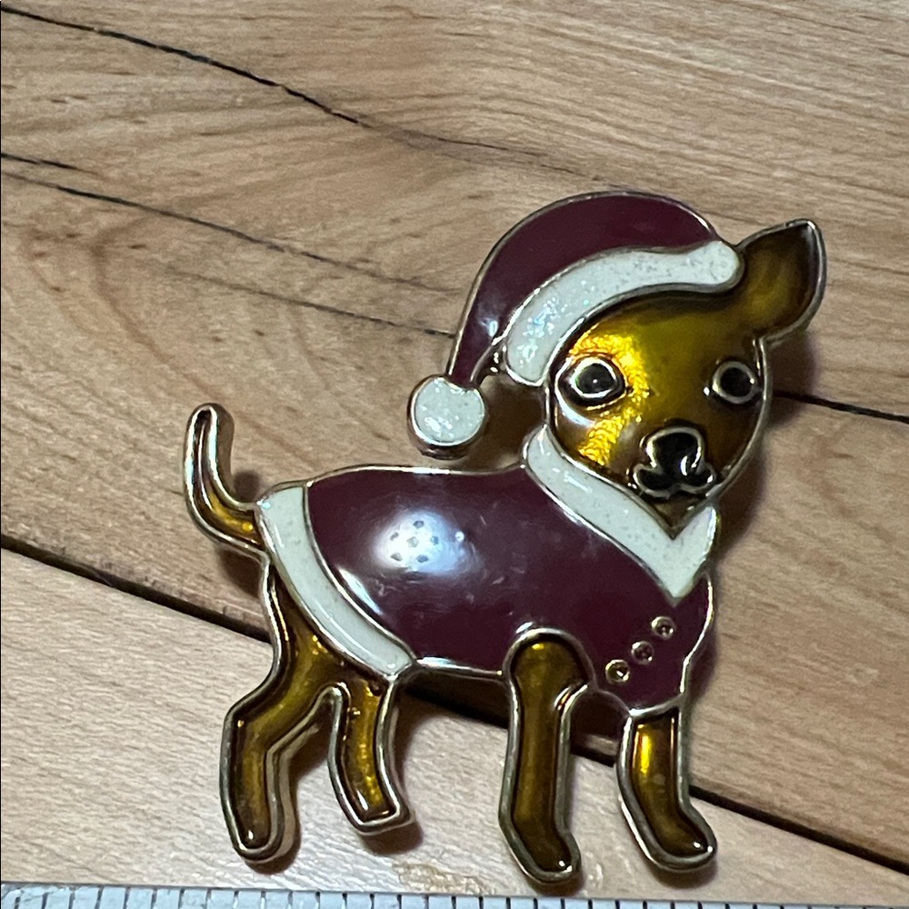 Festive Dog Brooch in Gold and Burgundy